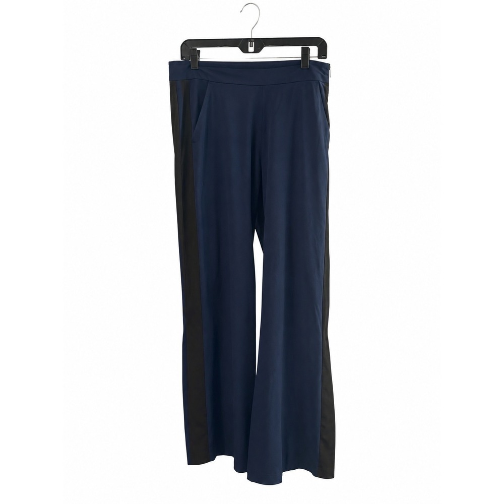 Athleta Wide Leg Pants Womens 4 Navy Blue EUC Tuxedo Stripe Side Zip Snaps